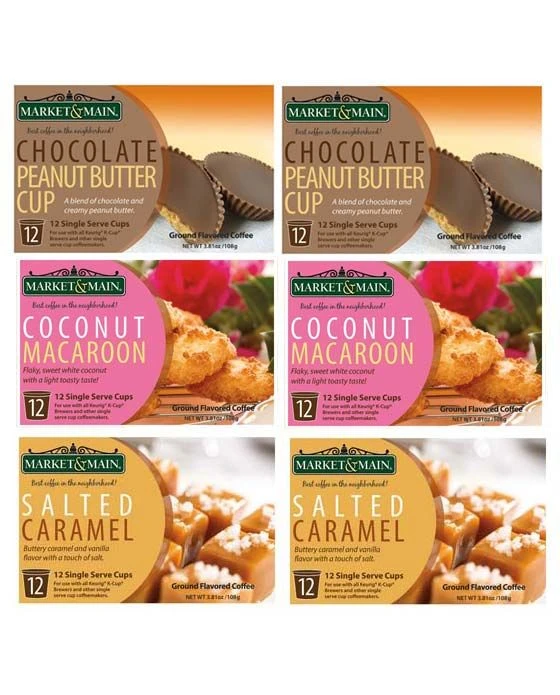 Market & Main Chocolate Peanut Butter, Salted Caramel, Coconut Macaroon 24 Cups Each 3 Market & Main Chocolate Peanut Butter, Salted Caramel, Coconut Macaroon 24 Cups Each